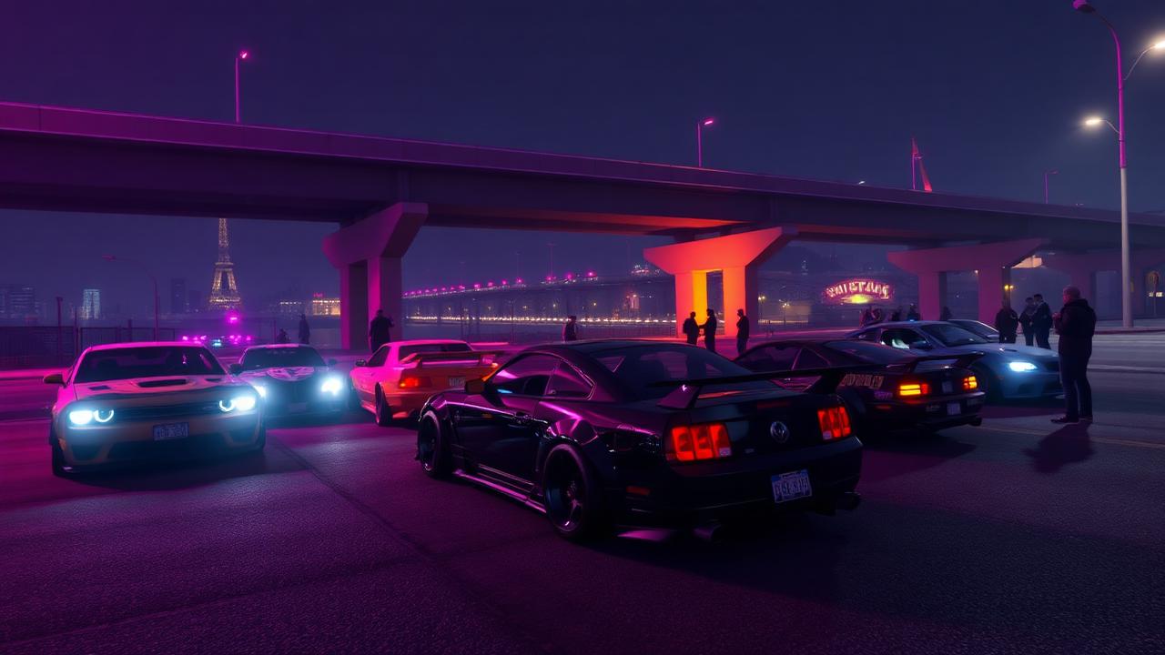 Spelers bij een car meet in de stad